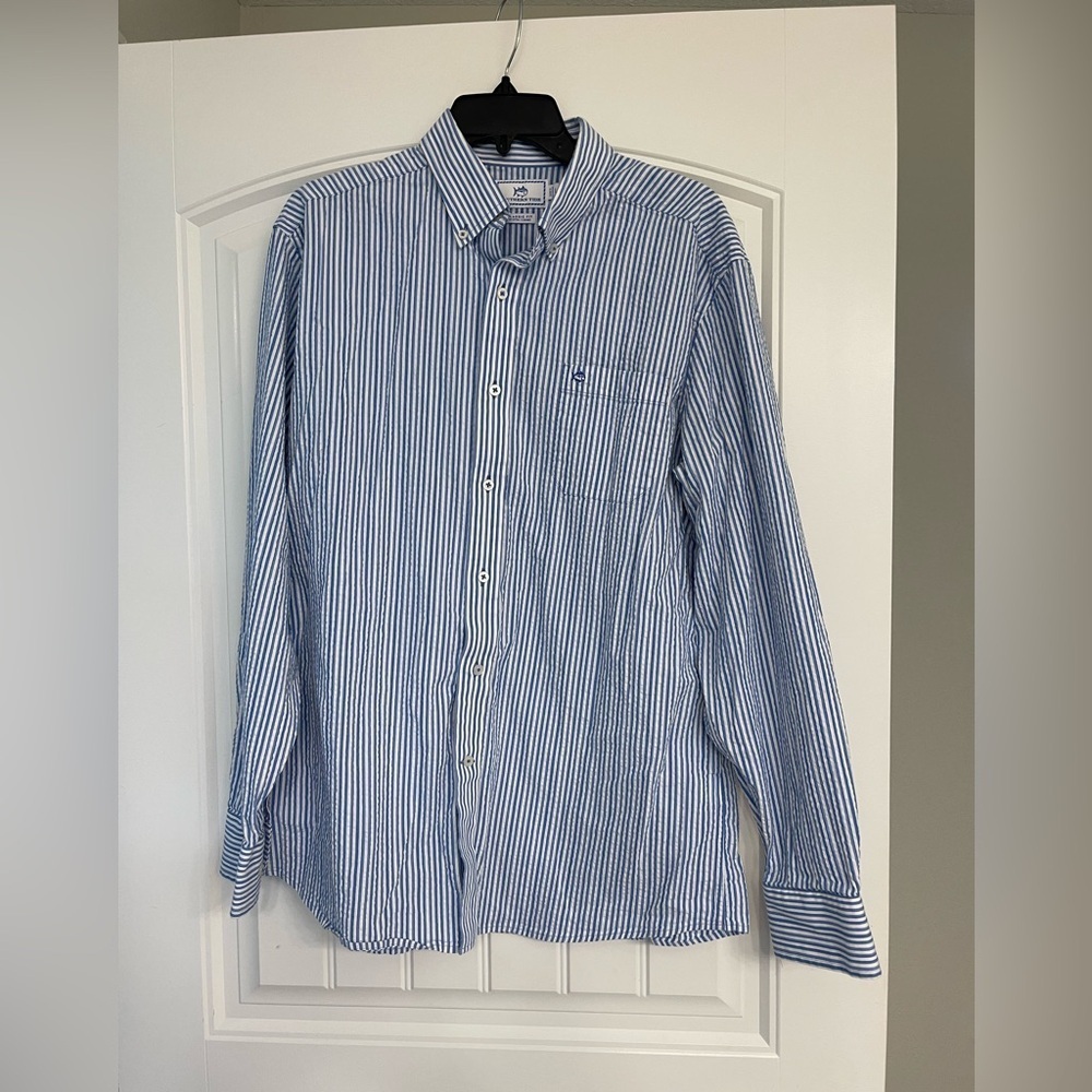 Southern Tide Shirt Classic Fit Mens Large Blue Striped Long Sleeve Button Down